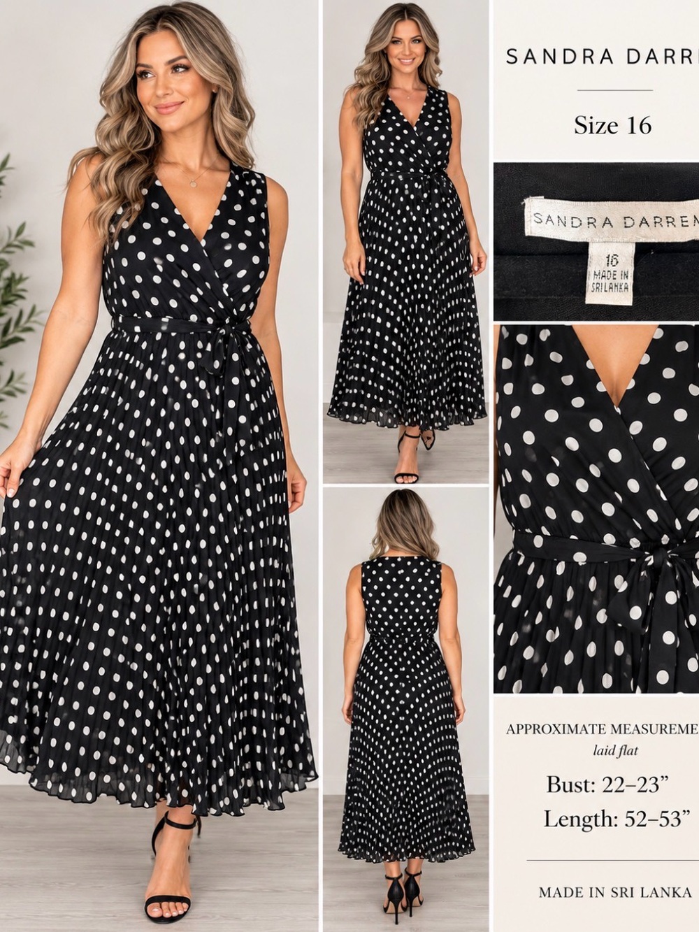Sandra Darren Women’s Size 16 Black White Polka Dot Pleated Midi Maxi Dress
